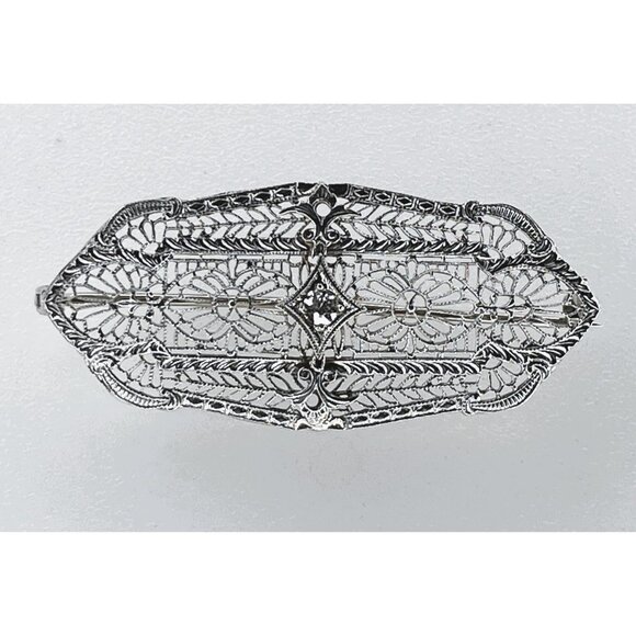 Antique Art Deco Filigree Brooch 14K White Gold With Diamond Accent